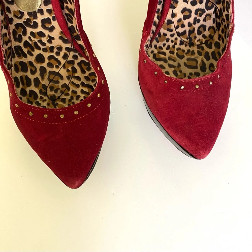Abusiva Red Velvet Suede Platform Pumps High Heels‎ Studded Leopard Size 6